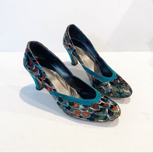 Lulu Guinness Retro Velvet Peacock Heels Sz 8